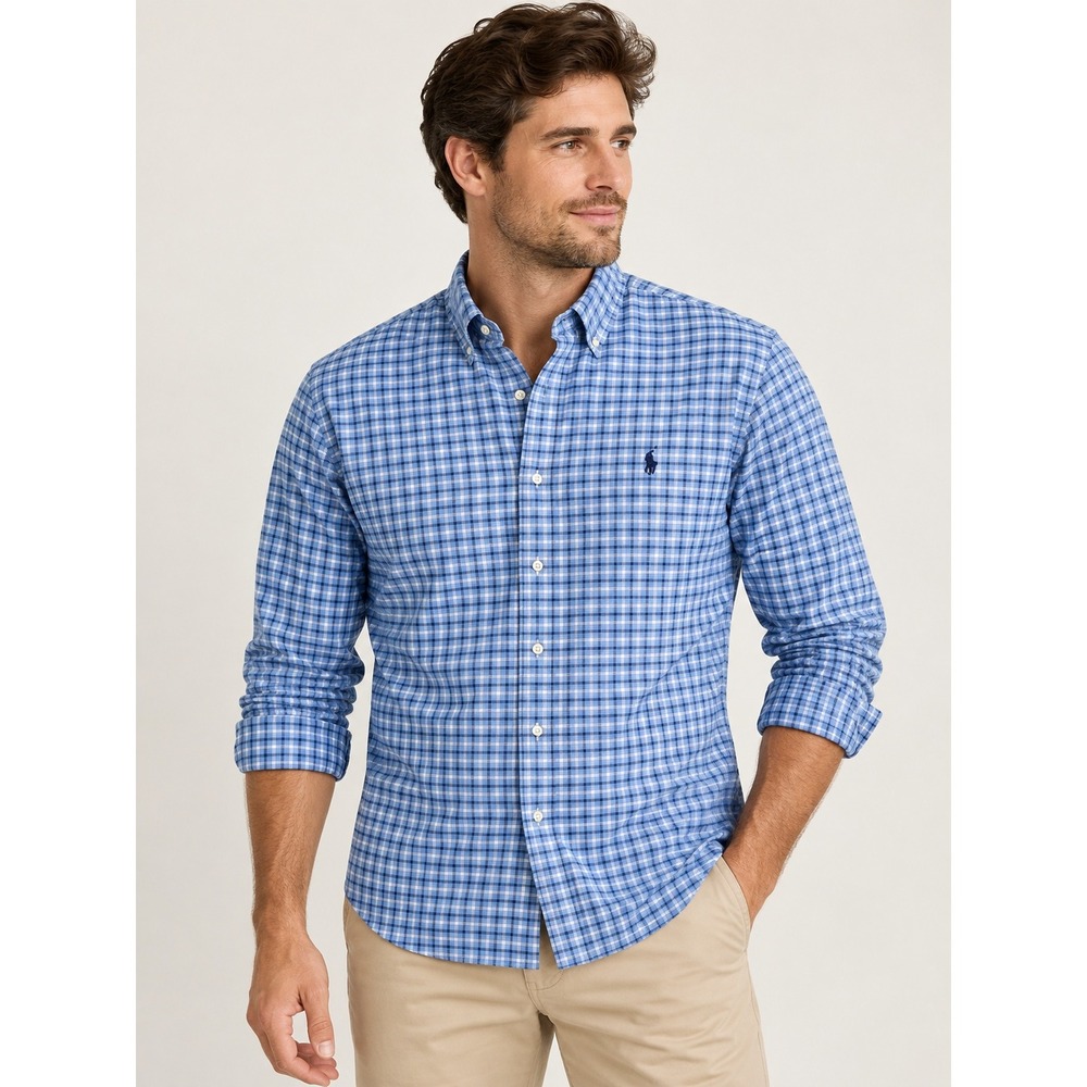 Ralph Lauren Shirt Mens 3XB Blue Plaid Cotton Stretch Oxford Button Down Logo